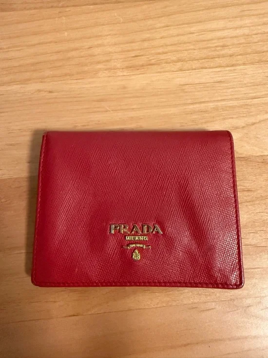 Prada Red Saffiano Leather Compact Wallet Card Holder with Gold Logo with Box - Picture 2 of 16